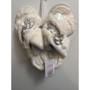 BRIDE Women Med 7-8 Wedding Bachelorett Embroidered Fluffy Slippers Auden  NWT